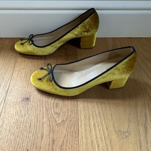 J. Crew Chartreuse Velvet Ballet Block Heels with Black Trim and Bow